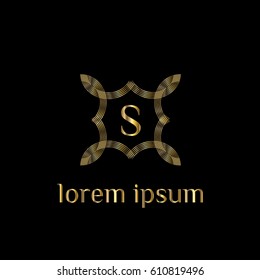 Luxury golden vector logo design template letter S. Striped monogram frame