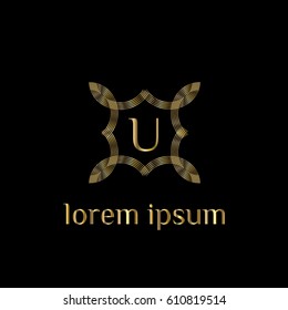 Luxury golden vector logo design template letter U. Striped monogram frame