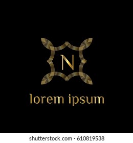 Luxury golden vector logo design template letter N. Striped monogram frame