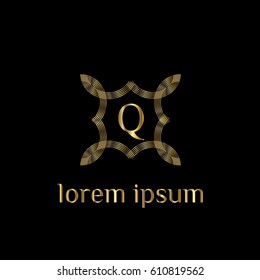 Luxury golden vector logo design template letter Q. Striped monogram frame