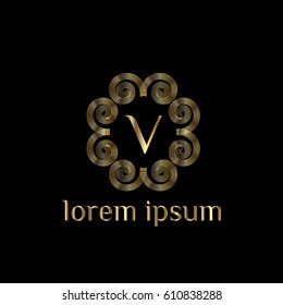Luxury golden vector logo design template letter V Striped monogram frame