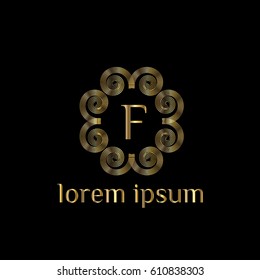 Luxury golden vector logo design template letter F. Striped monogram frame