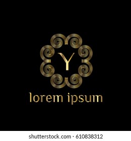 Luxury golden vector logo design template letter Y. Striped monogram frame