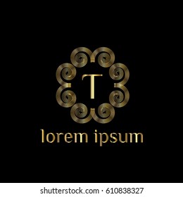 Luxury golden vector logo design template letter T. Striped monogram frame