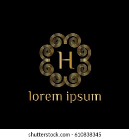 Luxury golden vector logo design template letter H. Striped monogram frame