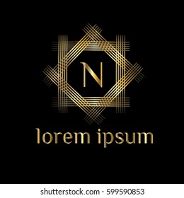 Luxury golden vector logo letter N. Luxurious frame
