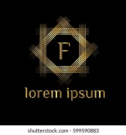 Luxury golden vector logo letter F. Luxurious frame