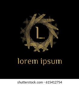 Luxury golden vector logo template letter L. Golden thread frame
