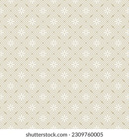 Luxury golden vector seamless pattern. Simple geometric floral ornamental background. Abstract ornament texture with small flower silhouettes, petals, curved lines, grid repeat tiles. Elegant design