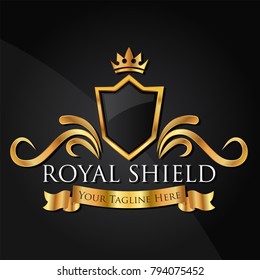 Luxury golden vector shields with crown, ribbons. Royal heraldic emblem, icons, label, badge, Vector illustration EPS 10.