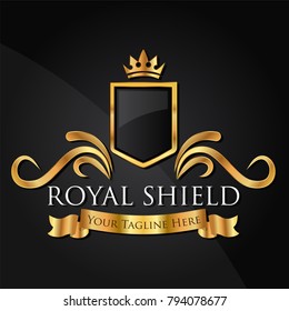 Luxury golden vector shields with crown, ribbons. Royal heraldic emblem, icons, label, badge, Vector illustration EPS 10.