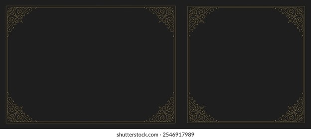 Luxury golden vintage filigree frame with corner set vector illustration. Royal flourishes ornament swirl vignette old style rectangle squared border for text decor restaurant menu book cover