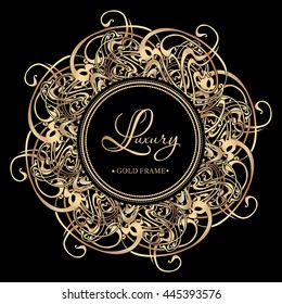 Luxury golden vintage frame with curls and vignettes in the style of Baroque on black background. Vector