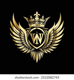 Luxury golden vintage heraldic emblem, royal crown, laurel wreath. Vector illustration.