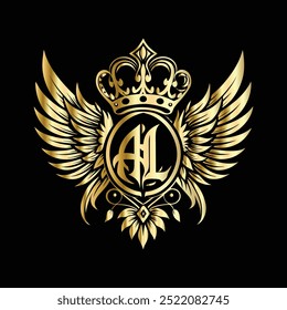 Luxury golden vintage heraldic emblem, royal crown, laurel wreath. Vector illustration.