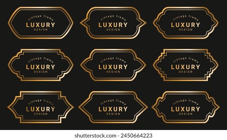 luxury golden vintage old classic arabic islamic banner text box title frame border labels set with ornamental illustration on black background
