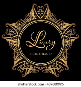 Luxury golden vintage round frame with curls and vignettes in the style of Baroque on black background. Vector Patera.
