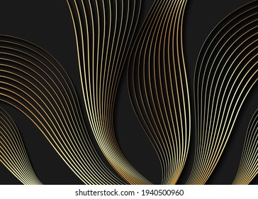 Papel de oro de lujo. Patrón Art Deco, Vip invitación fondo negro sobre textura dorada para impresión, tela, diseño de embalaje, invitación. Ilustración vectorial de líneas onduladas de oro vintage 