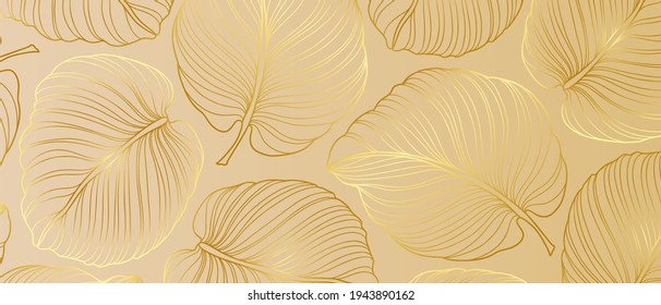 Luxury golden wallpaper. Floral pattern with gold leaves. Vector background with nature elements in line art style.