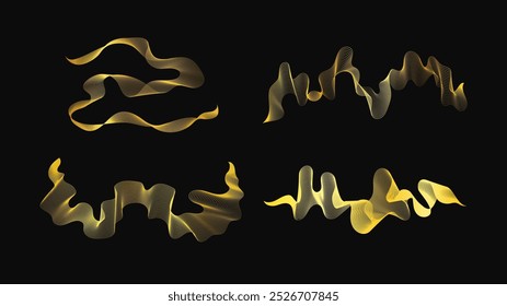 Luxury golden waves on dark background. Set of four abstract modern technology backdrops with wave design. Vector illustration