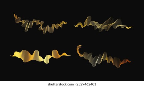 Luxury golden waves on dark background. Set of four abstract modern technology backdrops with wave design. Vector illustration