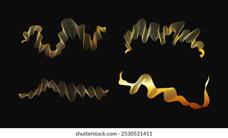 Luxury golden waves on dark background. Set of four abstract modern technology backdrops with wave design. Vector illustration