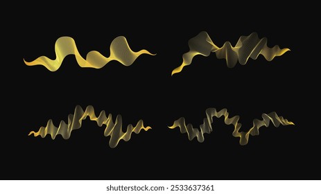 Luxury golden waves on dark background. Set of four abstract modern technology backdrops with wave design. Vector illustration