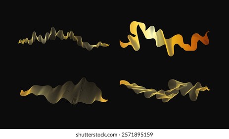 Luxury golden waves on dark background. Set of four abstract modern technology backdrops with wave design. Vector illustration