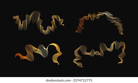 Luxury golden waves on dark background. Set of four abstract modern technology backdrops with wave design. Vector illustration