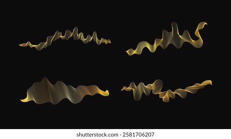 Luxury golden waves on dark background. Set of four abstract modern technology backdrops with wave design. Vector illustration