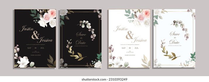 luxury golden wedding invitation card with floral frame. Black and white,abstract background, design can be used for social media