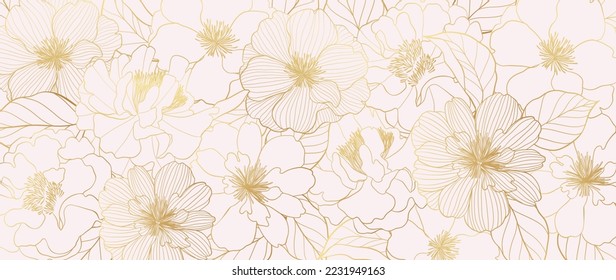 Luxury golden wild flower line art background vector. Natural botanical elegant flower with gold line art. Design illustration for decoration, wall decor, wallpaper, cover, banner, poster, card. 