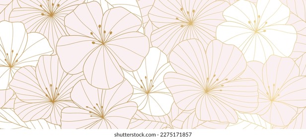 Luxury golden wild flower line art background vector. Natural botanical elegant flower with gold line art. Design illustration for decoration, wall decor, wallpaper, cover, banner, poster, card.