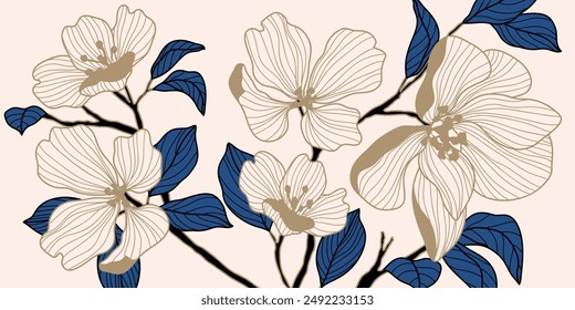 Luxury golden wildflower line art on pink background vector. Natural botanical elegant flower with gold line art. Design illustration for decoration, wall decor, wallpaper, cover, banner.