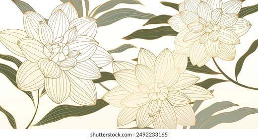 Arte de la línea de la flor silvestre dorada de lujo en Vector de fondo blanco. Ilustración de diseño para decoración, decoración de la pared, Fondo de pantalla, cubierta, Anuncio, cartel.