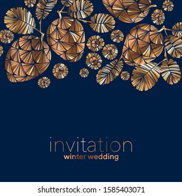 Luxury golden winter pine cone on deep blue color for card, header, invitation, poster, social media, post publication. Invitation vector template for winter holiday gretings.
