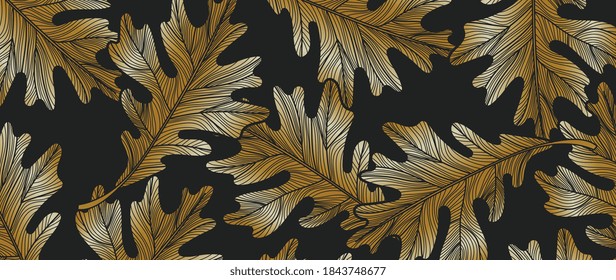 Luxury Gole autumn background vector. Autumn seasonal wall paper design with oak leaf, vine maple and golden texture. Vector illustration.