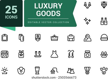 Luxury goods icon set. Related to leather goods. Pixel perfect, minimalistic web and UI icon. Outline icon collections. Editable vector illustration.