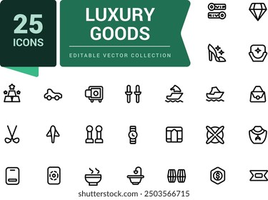 Luxury goods icon set. Related to leather goods. Pixel perfect, minimalistic web and UI icon. Outline icon collections. Editable vector illustration.