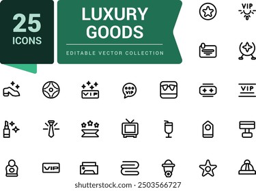 Conjunto de iconos de artículos de lujo. Relacionado con artículos de cuero. Pixel perfecto, Web minimalista e icono de interfaz de usuario. Colecciones de iconos de esquema. Ilustración vectorial editable.