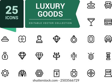 Luxury goods icon set. Related to leather goods. Pixel perfect, minimalistic web and UI icon. Outline icon collections. Editable vector illustration.