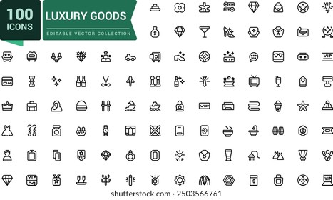 Luxusgüter-Ikonensatz. Verwandt mit Lederwaren. Pixel perfekt, minimalistische Web-und UI-Symbol. Gliederungssymbolsammlungen. Bearbeitbare Vektorgrafik.