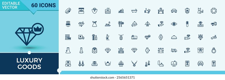 Luxury Goods line icons set. Contains such icons as beauty, retail, fashion, car, hand, element and more. Symbol. Editable vector outline and solid icons.