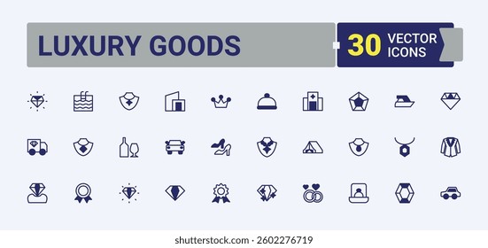 Luxury Goods linear icon. Includes symbols for beauty, product, fashion, luxury, goods and more. Sign and Symbol. Element icon set. Solid line editable stroke. Pixel Perfect.
