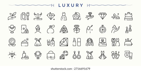 Conjunto de iconos de Vector de productos de lujo. Movimiento de Vector editable minimalista. Relacionado con moda, lujo, producto, elemento. Ilustración vectorial. Conjunto de iconos relacionados con elementos.