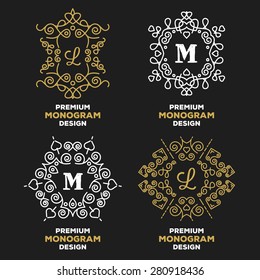 Luxury graceful logo templates and monogram designs set. Elegant logo design elements. Gold and white colors. Vector illustration