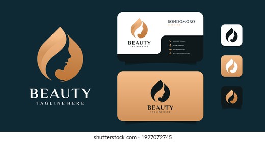 logotipo de mujer de belleza gradiente de lujo y plantilla vectorial de diseño de tarjeta de negocios. El logotipo se puede utilizar para icono, marca, identidad, spa, empresa femenina y de negocios