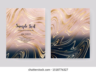 Luxury gradient coral and navy blue acrylic celebration invitation cards with gold marble texture.