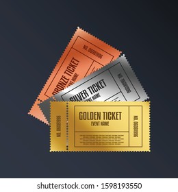 Luxury gradient gold, silver, and bronze ticket and coupon template vintage vector isolated.