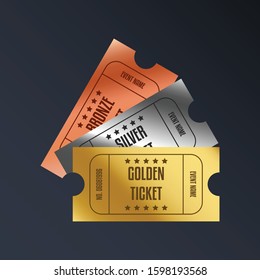 Luxury gradient gold, silver, and bronze ticket and coupon template vintage vector isolated.